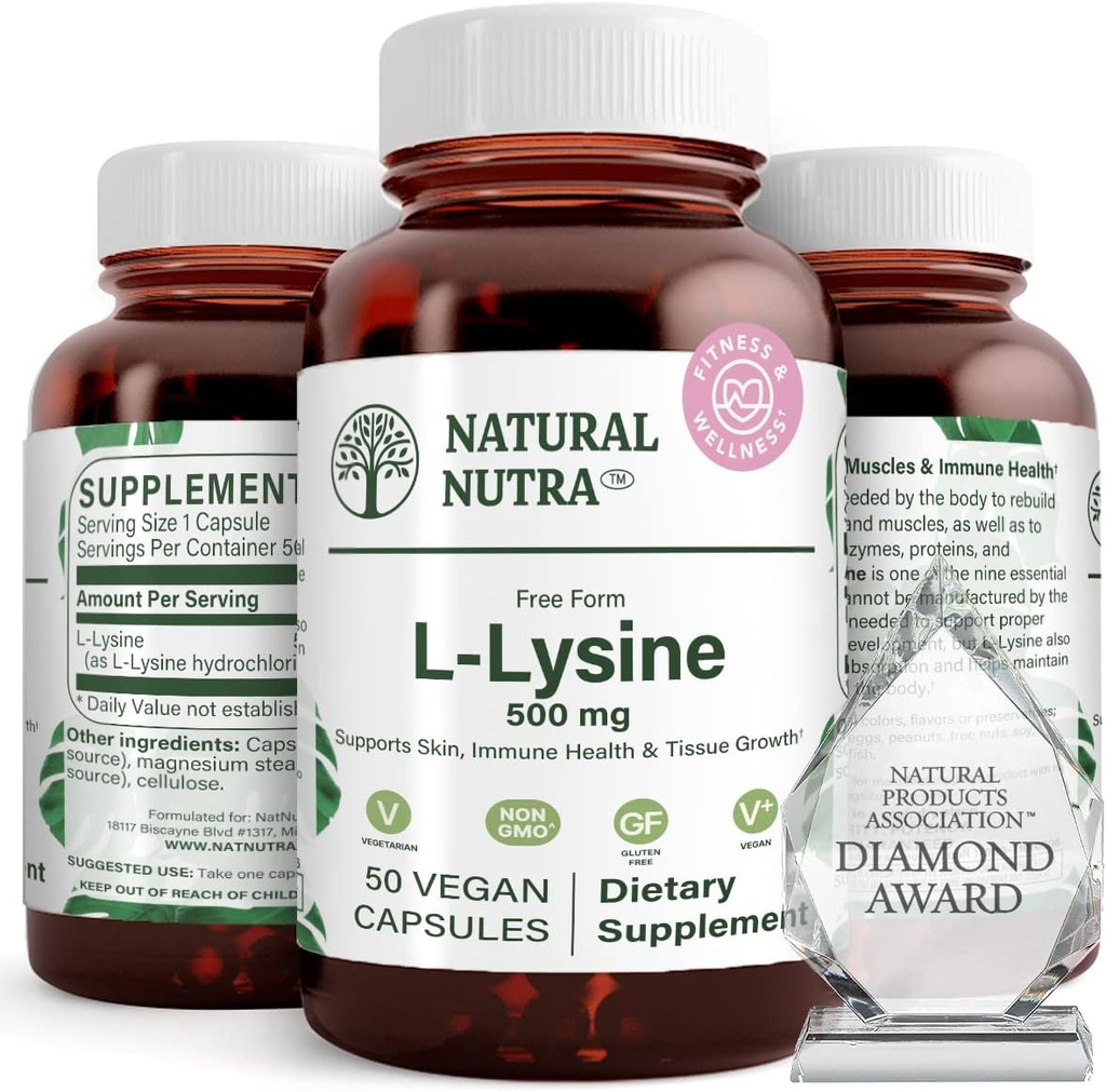 Natural Nutra L L L Lysine HCl, Promoveaza sanatatea si cresterea oaselor, Sprijinirea sanatatii pielii, Imbunatatirea absorbtiei vitaminei C, Ajuta Colagen construit, Imbunatatirea absorbtiei calciului, Non-GMO, Vegan, 500 mg, 50 capsule.