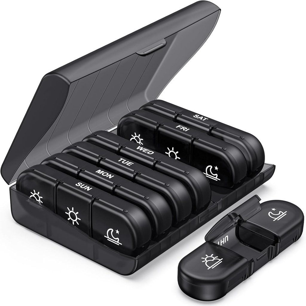 PULIV Weekly Pill Organizator 3 ori pe zi, Portable Travel Pill Box 7 zile cu containere mari cu pastile, Light-Proof Pilula caz pentru vitamine, medicamente, suplimente și uleiuri de pește (Negru)