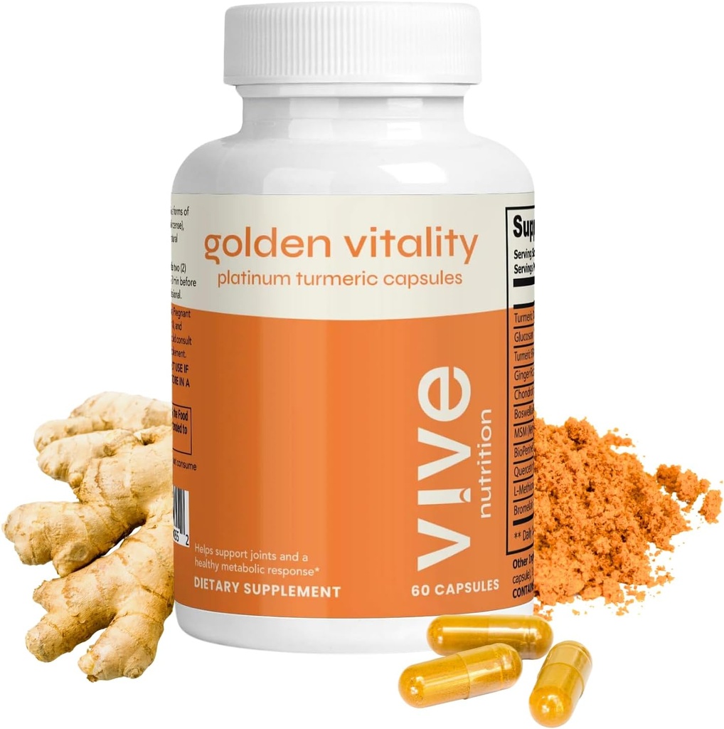 Vitality Golden Turmeric Curcumin Capsule - Platinum Blend cu 95% Curcuminoide, Glucosamină, Chondroitin, MSM & BioPerine - Suport comun & osos - 60 Conte, 30 zile de aprovizionare
