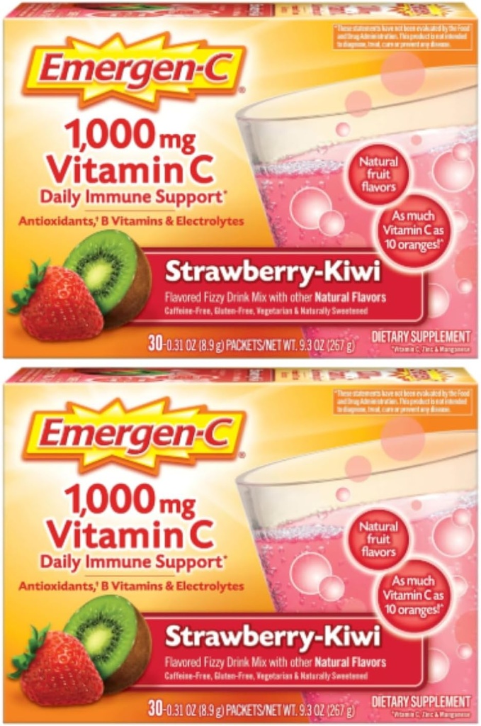 Emergen-C 1000 mg vitamina C pulbere, aromă de căpșuni Kiwi, antioxidanți, vitamine B și electroliți, suplimente de vitamina C pentru suport imun, 30 Conte (Pachet de 2)
