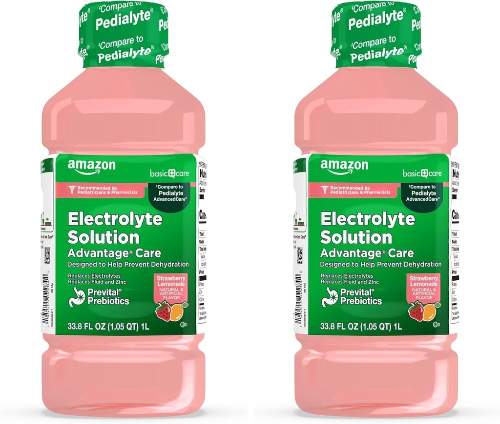Ingrijire de baza Avantaj Ingrijire Solutie Electroliti cu Prebiotice Previtale, Limonadă de căpşuni, Băut Hidratare, Electroliţi Releni, Fluid & Zinc, 33,8 Fl Oz (Pachet de 2)