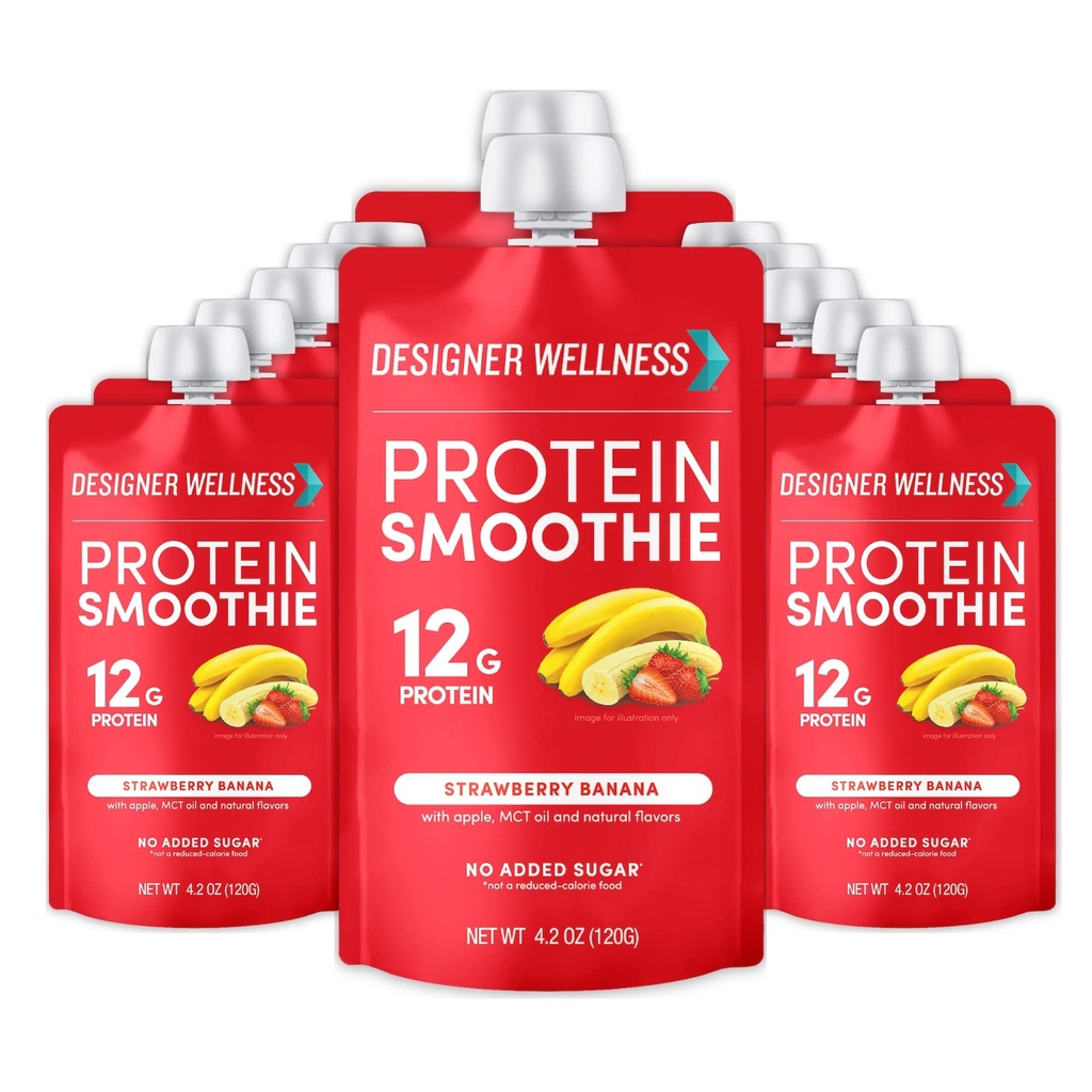 Designer wellness Proteine Smoothie, fructe reale, 12g Proteine, carbohidrat scăzut, Zero adăugat zahăr, Gluten-free, non-GMO, Fără culori artificiale sau arome, căpșuni Banana, 12 Conte