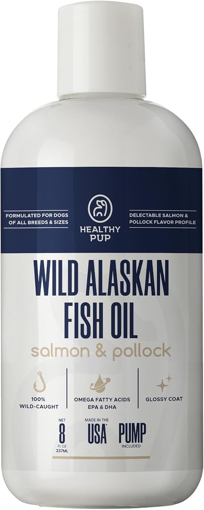 Ulei de somon sălbatic Alaskan pentru câini cu Pollock - 8 oz de Pollock și ulei de somon, Omega 3, EPA, și DHA - câini Piele și supliment de haina - Made in USA