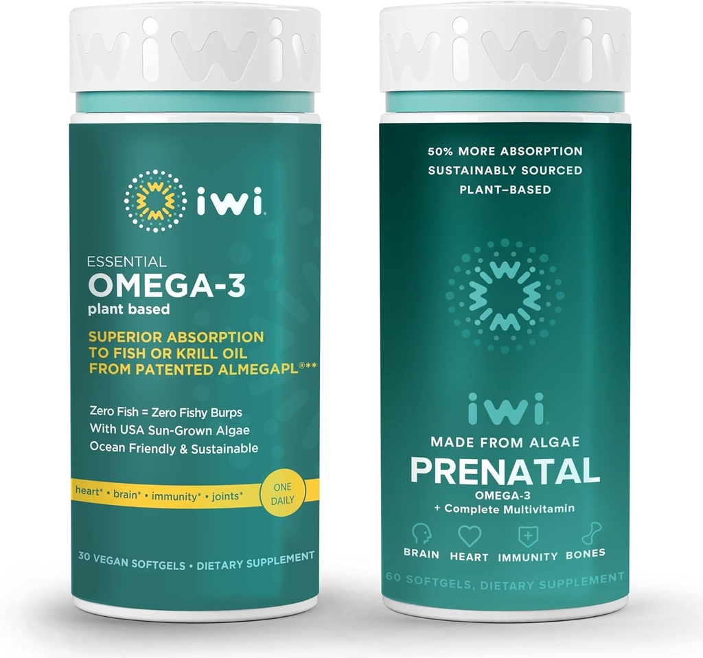 Iwi Omega-3 Essential & Prenatal Multivitamine Bundle, 30 Servings, Vegan-Based Plant Algae Omega 3, Krill & Fish Oil Alternative, No Fishy Aftergust