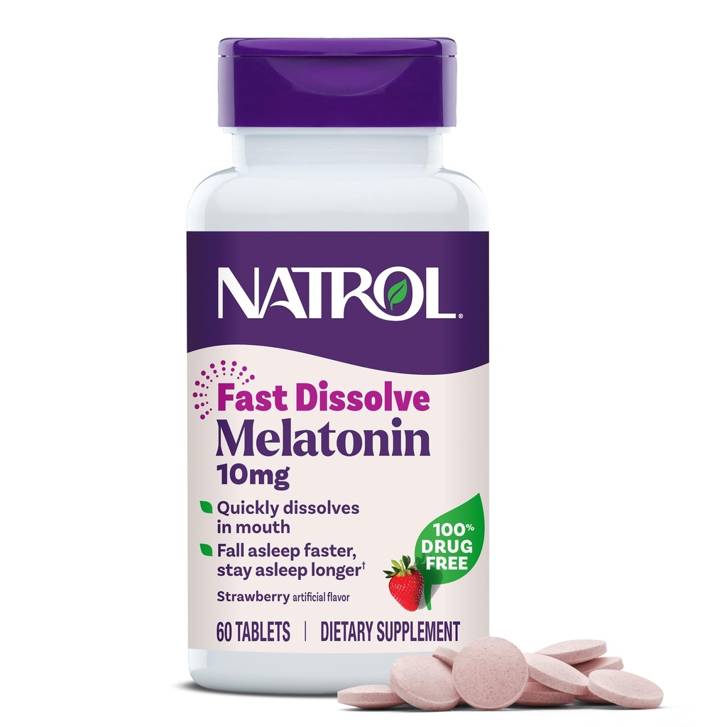 Natrol Melatonina 10 mg comprimate rapid dizolvare - aroma de căpșuni, 60 Conte, Sleep Support, rapid dizolva Melatonina pentru adulți, 60 de zile de aprovizionare