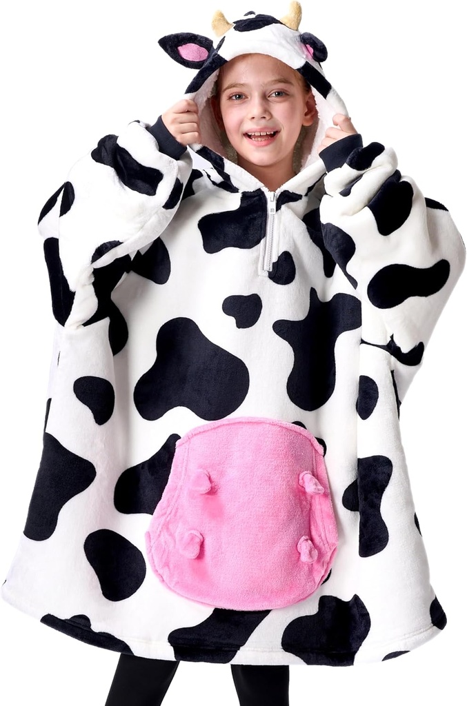 Gettling Getup purtabil Blanket Hoodie pentru fete și băieți Sherpa Fleece Hooded Blanket Sweatshirt Warm Cozy Sherpa Wearable arunca Hoodie supradimensionate cu buzunar gigant și mâneci pentru copii Vaca