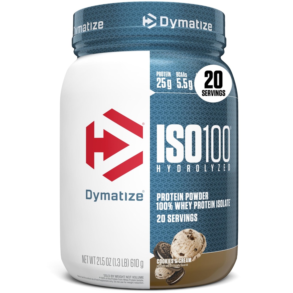 Dymatize ISO100 Whey pulbere de proteine Izolat, cookie-uri & Cream, 25g de proteine, 5,5g BCAAs, mai puțin de 120 Cal., Gluten gratuit, 1g grăsime, 1g zahăr, 2g carbohidrat (20 serviri)