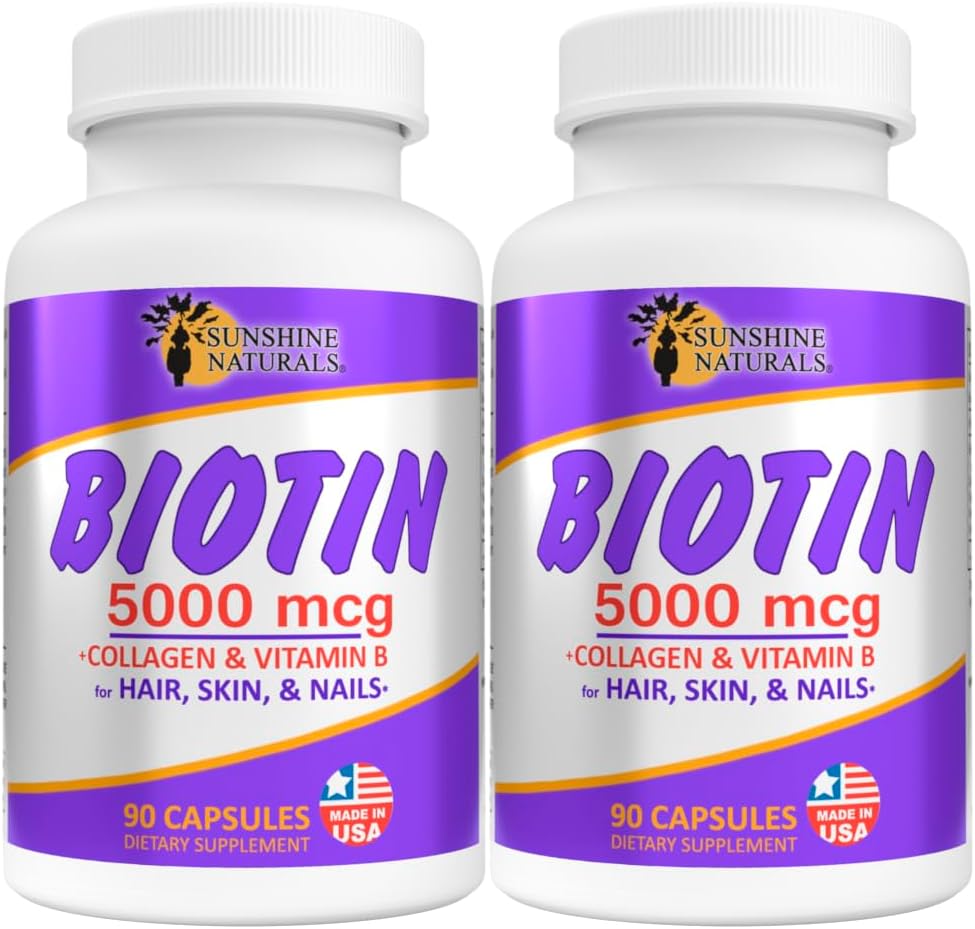 Sunshine Naturals Biotin Supliment alimentar. pentru piele mai sanatoasa, par mai gros, unghii de crestere. Colagen, vitamina A, B pentru pierderea parului, frumusete, Reînnoirea celulelor, Scalp Health. 5000 mcg. 90 capsule. Cutie cu 2 flacoane