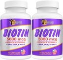 Sunshine Naturals Biotin Supliment alimentar. pentru piele mai sanatoasa, par mai gros, unghii de crestere. Colagen, vitamina A, B pentru pierderea parului, frumusete, Reînnoirea celulelor, Scalp Health. 5000 mcg. 90 capsule. Cutie cu 2 flacoane
