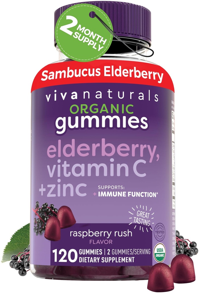 Viva Naturals Organic Sambucus Elderberry Gumies pentru adulți (120 Conte) - 3in1 Black Elderberry Vitamina C și Zinc Immune Supposes, Suplimente Elderberry Mestecabile, Zinc Imunitate Gumies