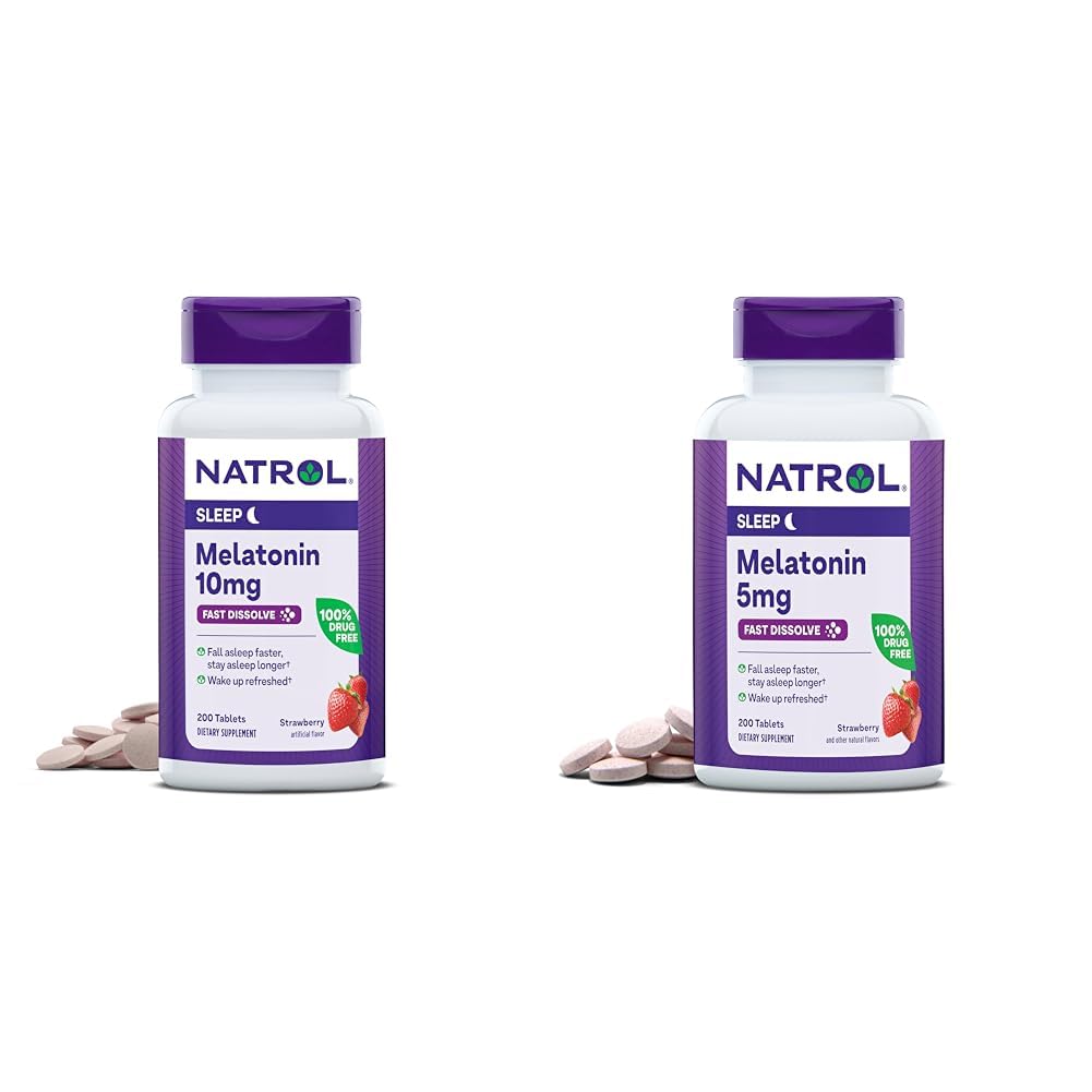Natrol Melatonina 10mg 200 comprimate & 5mg 200 comprimate Căpşuni-Flavorate rapid-Dizolvare Sleep Support Supliment alimentar Bundle