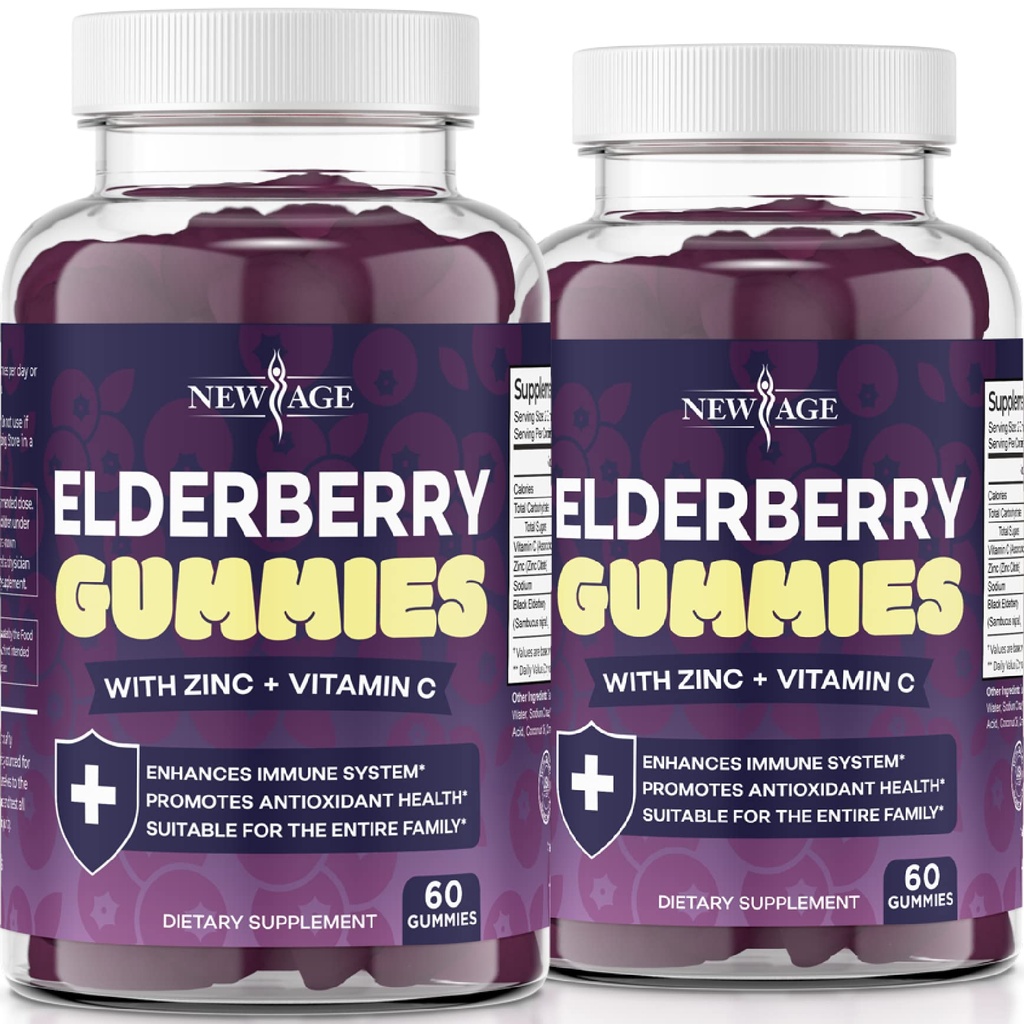 NOU VÂRSTA (2-Pack) Gume Premium Elderberry pentru adulți Copii cu vitamina C, Zinc, Propolis - Sambucus Gummy Black Elderberry - Gluten Free & Vegetarian - 120 Gume