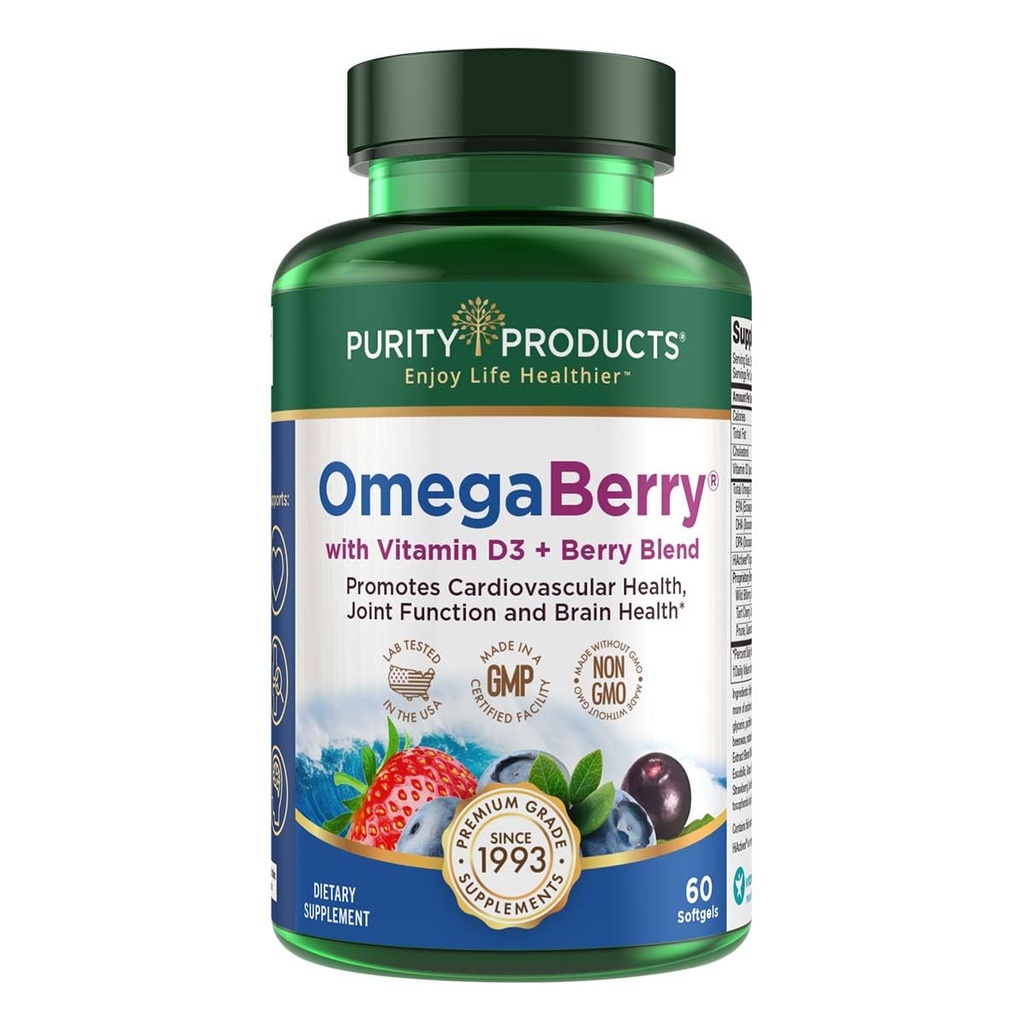 Produse de puritate Ulei de pește OmegaBerry cu vitamina D3 și Acai organic - 1250 mg concentrat Molecular distilat Ultra ulei de pește pur Omega-3, 500mg DHA + 650mg EPA - 60 Geluri moi - 30 zile de aprovizionare de la