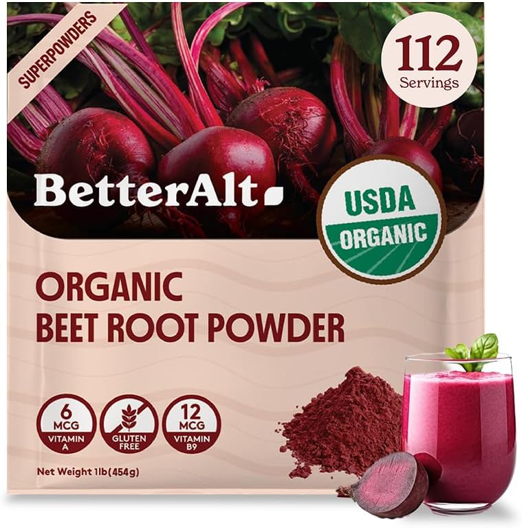 Mai bine Alt Organic Beet Root Powder, USDA Certified - supliment de oxid de azot, Sfeclă de suc Superfood pentru inima sanatoasa, Suplimentul de sfeclă, Pulbere de sfeclă - 112 Serviri, 1 lb