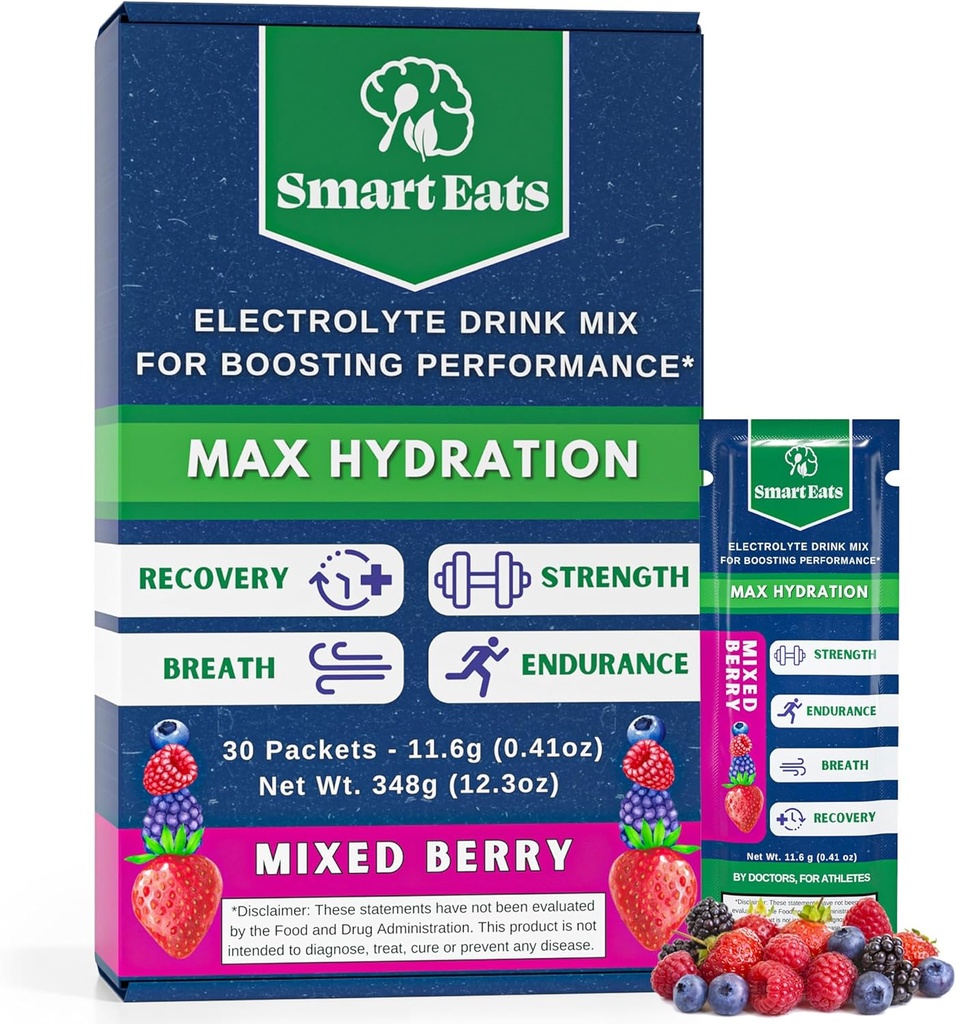 Smart Manânca praf electrolit - 1,690 mg Electroliti, 9 Minerale esentiale si vitamine, 5 antioxidanti, Hidratare rapida si energetica, proiectata de doctori, <1 Zahăr Gram, Aroma Berry - 30 Pachete