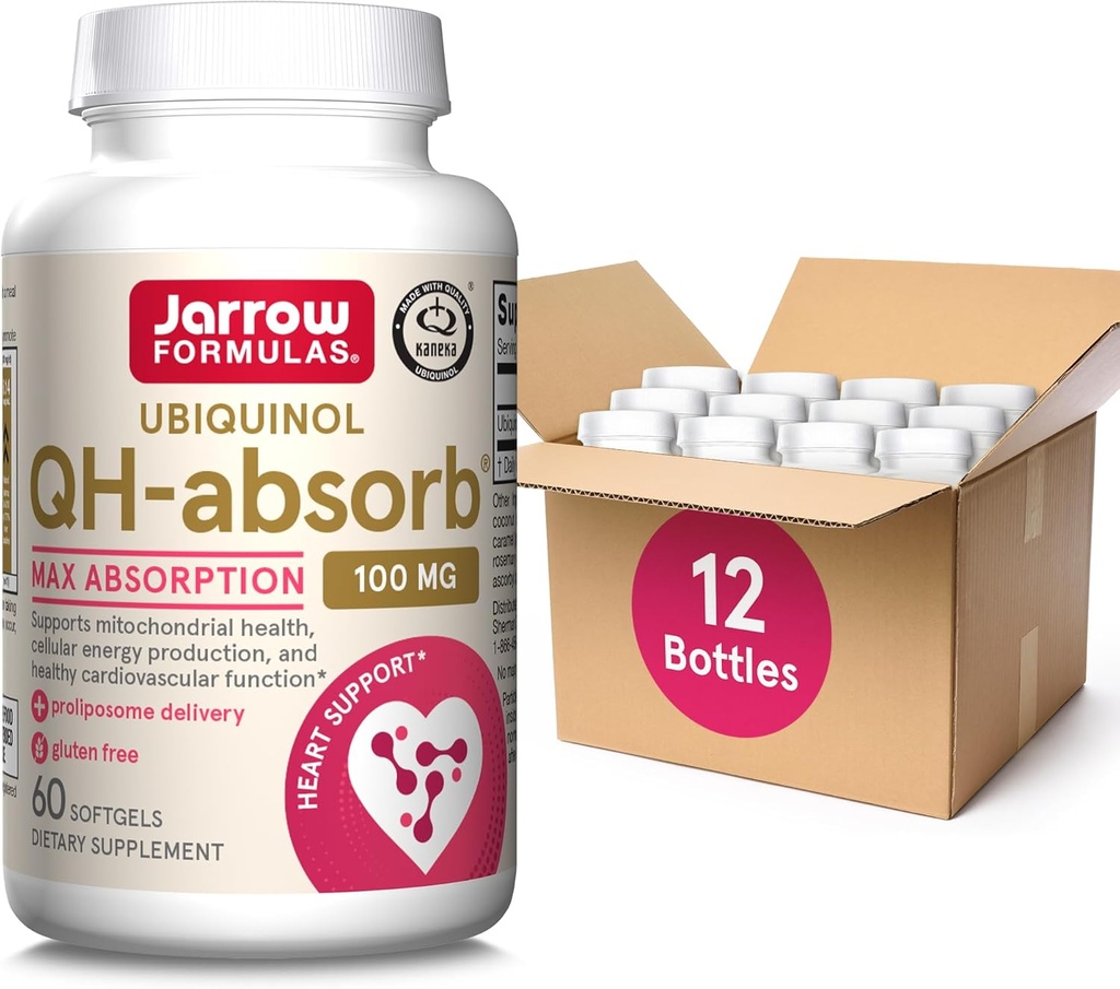 Jarrow Formulas QH-Absorb 100 mg Max Absorbtion- CoQ10 Ubichinol- până la 60 Servings (Softgels) - Suportă sănătatea mitocondrială, producția de energie celulară și funcția cardiovasculară sănătoasă, pachet de 12