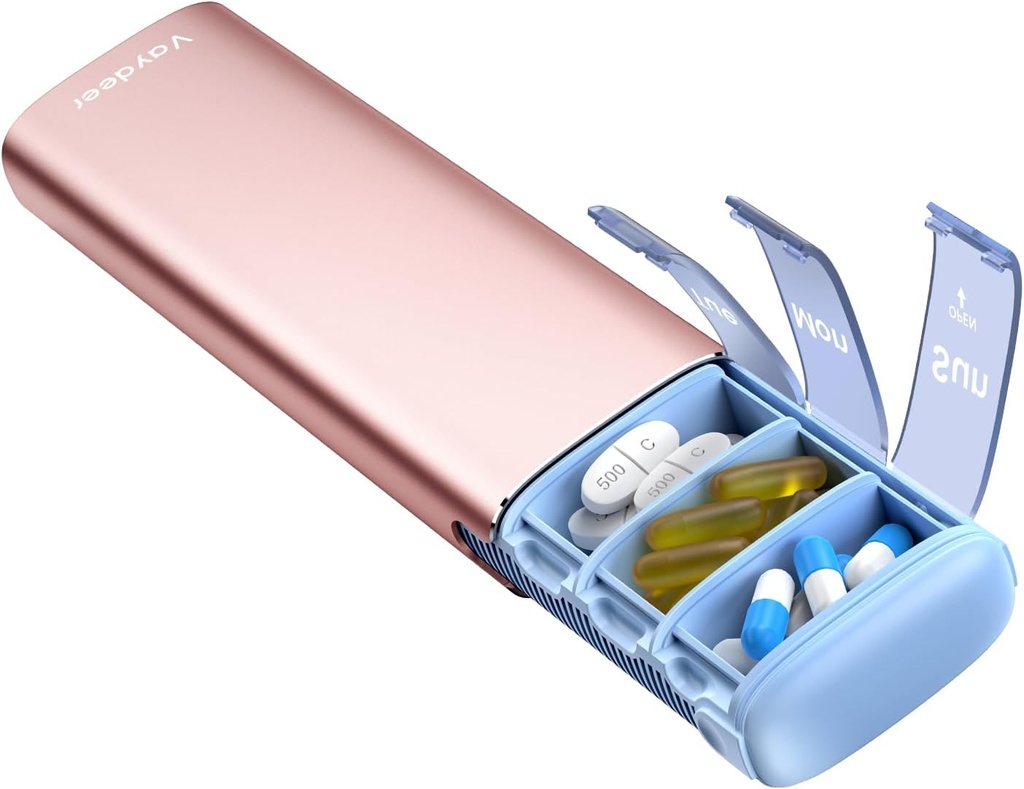 Vaydeer Metal Travel Pill Organizator, 7 zile Săptămânal Pilula cutie, Capacitate mare de zi cu zi drăguț Pilula caz pentru suplimente, pastile, vitamine și medicamente (Small, Rose Gold)