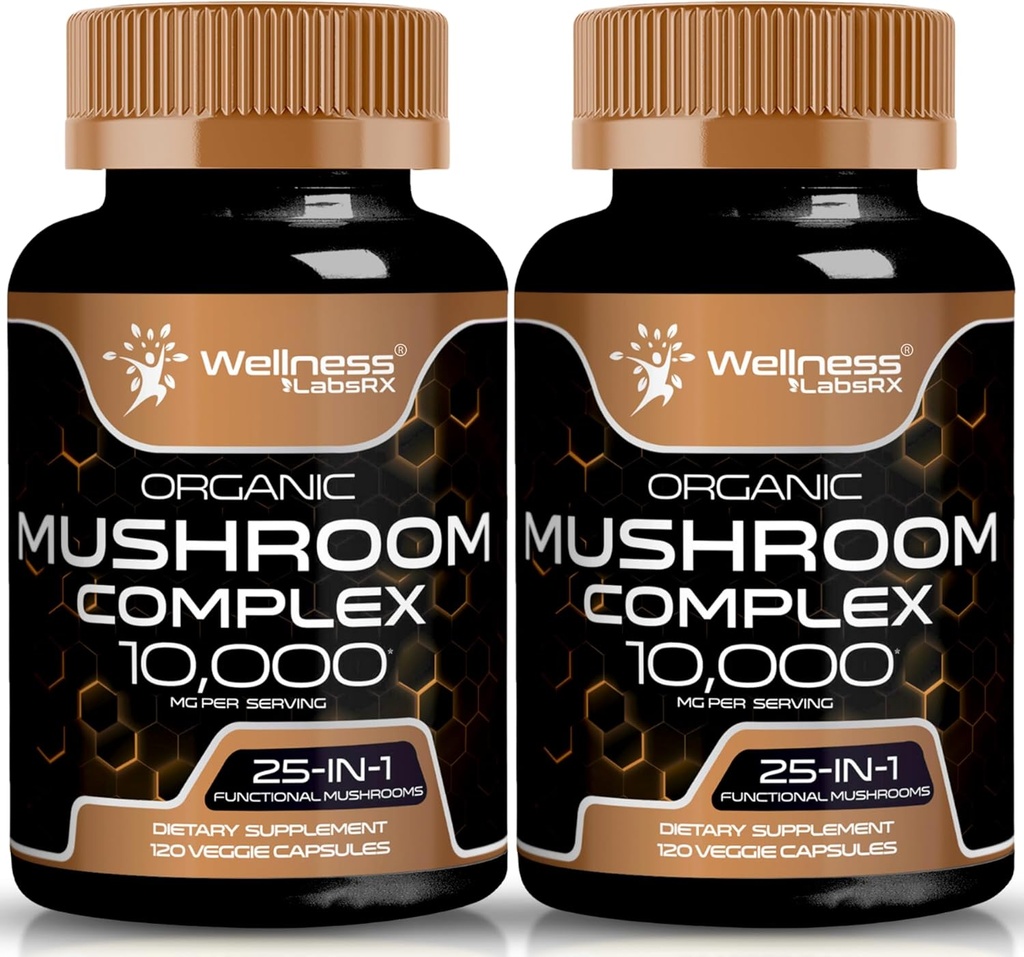 wellness LABSRX capsule suplimentare ciuperci 10:1 Extract, capsule complex ciuperci 1000mg, Lions Mane Supliment cu Turcia Coada, Cordyceps, Reishi - 2 ambalaj