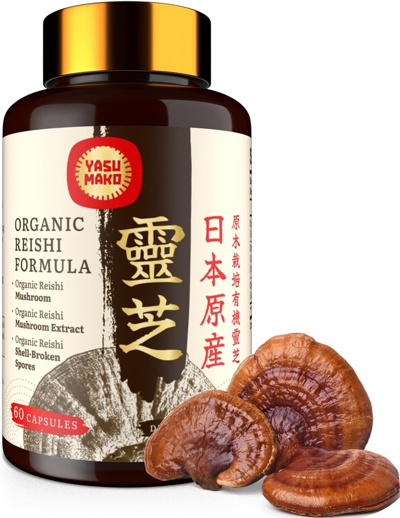 Japanese Reishi Mushroom Supplement 800mg with Reishi Mushroom Extract 500mg & Shell-Broken Spores 200mg,Organic Mushroom Capsules for Immune System - Real Fruiting Body (Pack of 1)