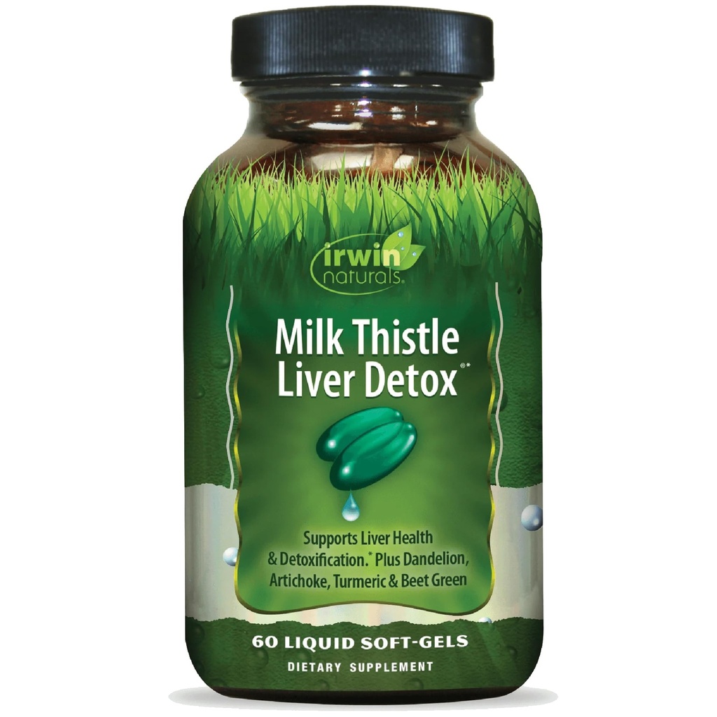Irwin Naturals Milk Thistle Liver Detox - 60 lichid Soft-Gels, Sustine sanatatea ficatului cu Dandelion, Anghinare, Turmeric & Green Beet Root - 30 Total Serviri