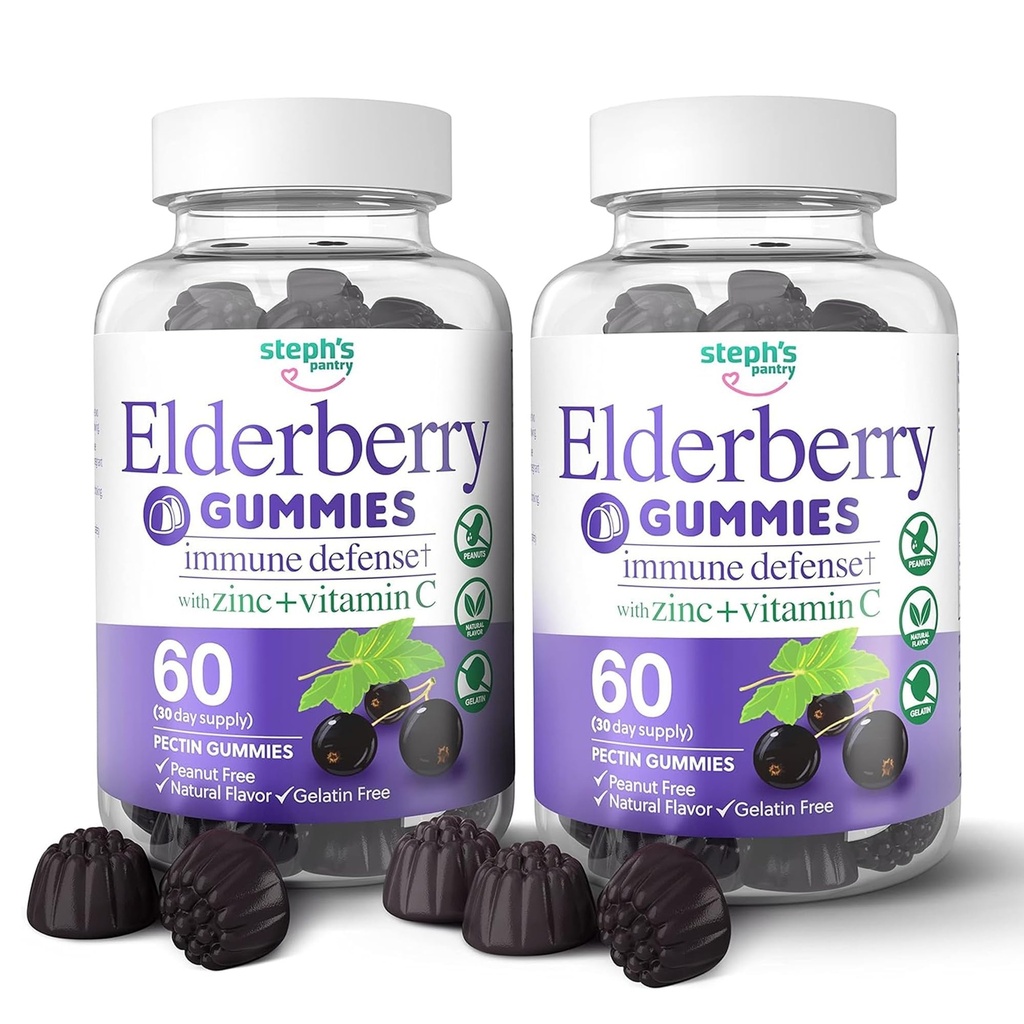 Gume de soc cu vitamina C si zinc - Gume de elderberry imune pentru adulți și copii - Ingrediente naturale Vegane de apărare Multivitamine cu suport antioxidant (120 gume)