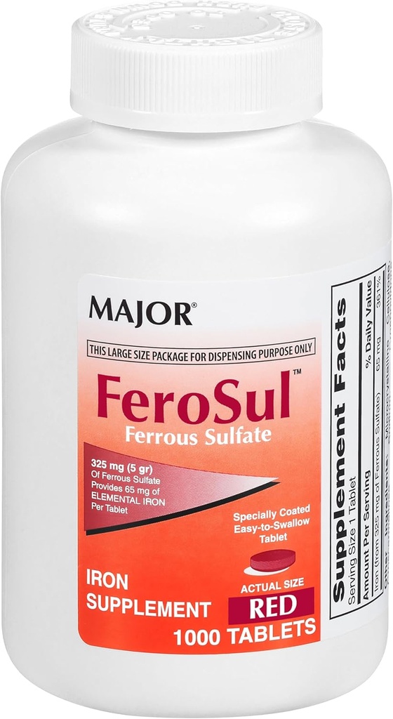 Comprimate de FeroSul - Sulfat feros 325 mg - Supliment de fier pentru femei și bărbați - Comprimate de înghițire - Roșu - 1000 Comprimate