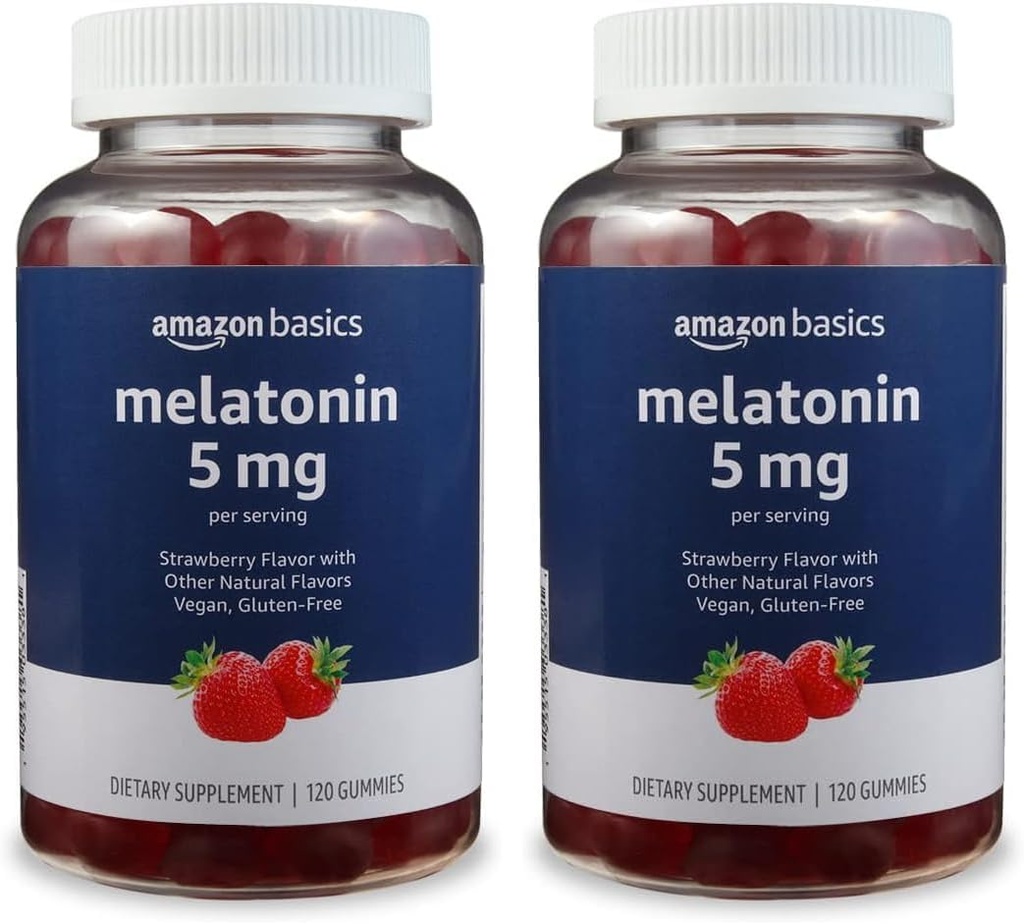 Basics Melatonina 5mg, 120 Gummies (2 per Serving), căpșuni (precedent Solimo) (Pachet de 2)