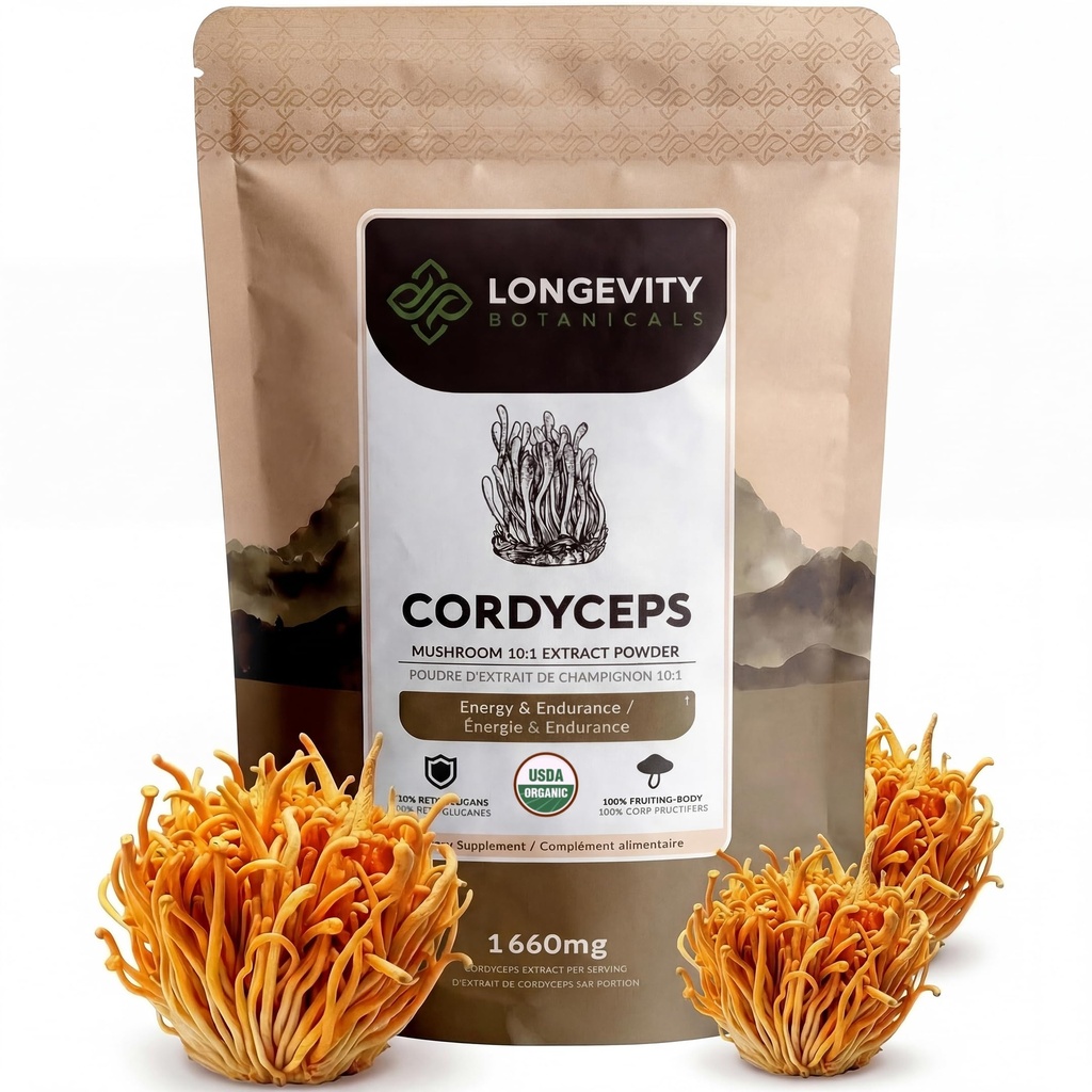 Longevity Botanicals Organic Cordyceps Mushroom Extract pulbere 100g 