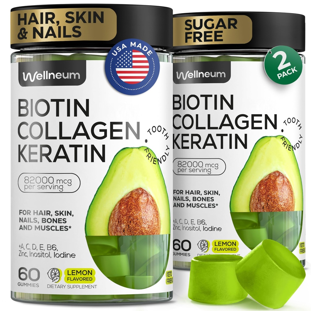 Biotina si Colagen Gumiile Peptide pentru cresterea parului, piele si unghii 120 buc (2 ambalaj) - 82000 Mcg - Biotin Chewables cu Keratina Max Putere - Gume de frumusete pentru femei si barbati - Sugar Free, Non-GMO