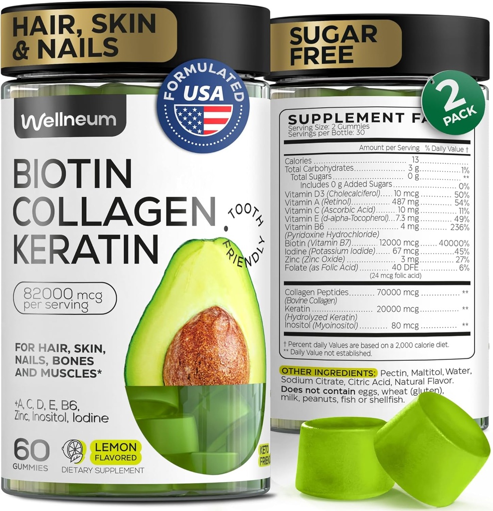 Biotina si Colagen Gumiile Peptide pentru cresterea parului, piele si unghii 120 buc (2 ambalaj) - 82000 Mcg - Biotin Chewables cu Keratina Max Putere - Gume de frumusete pentru femei si barbati - Sugar Free, Non-GMO