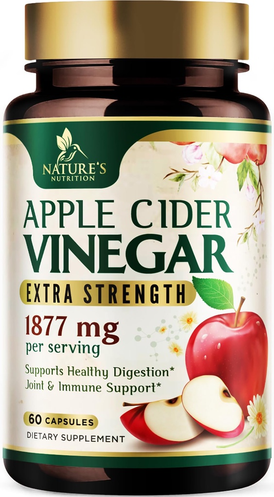 Capsule de Oţet Cidru de mere 1877 mg - Extra Putere Detoxifiere & Curățare cu vitamina D & Zinc - Premium ACV pastile cu Digestie Naturală Comună și suport imunitar - Supliment vegetarian - 60 Capsule