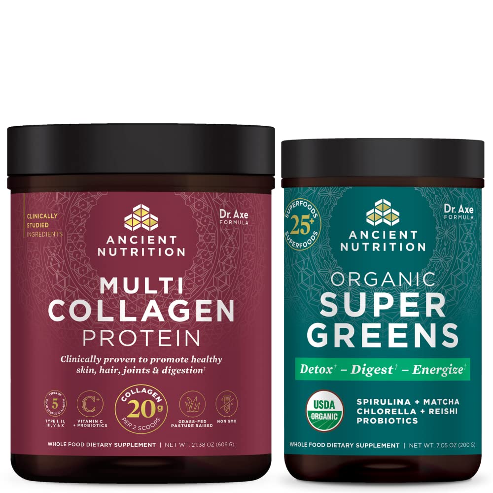 Nutritie antica Multi Colagen Pulbere Proteina, Nearomate, 60 Serviri + Supergreens Pulbere, Aroma Verzilor, 25 Serviri