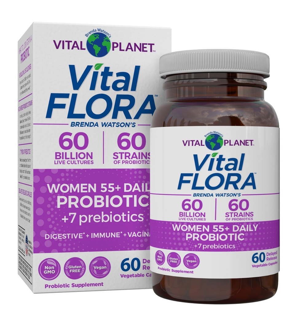 Planeta Vitala - Femei cu Flora Vitala Peste 55 Zilnic Probiotic, 60 Miliarde CFU, Tulpini Diverse, Prebiotice Organice, Suport Vaginal si Imun, Probiotice Digestive Sanatate pentru Femei 60 Capsule