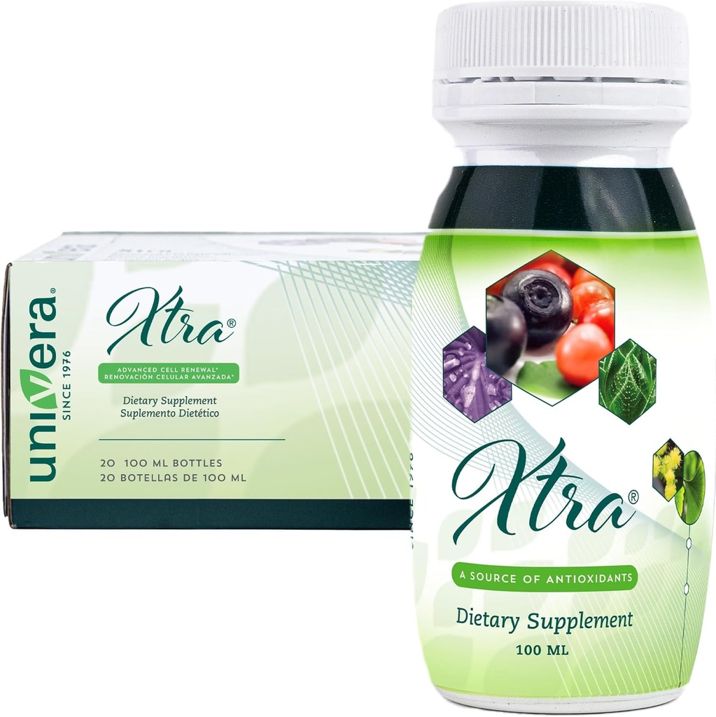 Univera Xtra Minis, Complex de fructe multiminerale, 15 ingrediente naturale, Managementul Stresului, Focus & Clarity, Confort comun, Protectie antioxidanta - 3.38 Fl Oz (Pachet de 20)