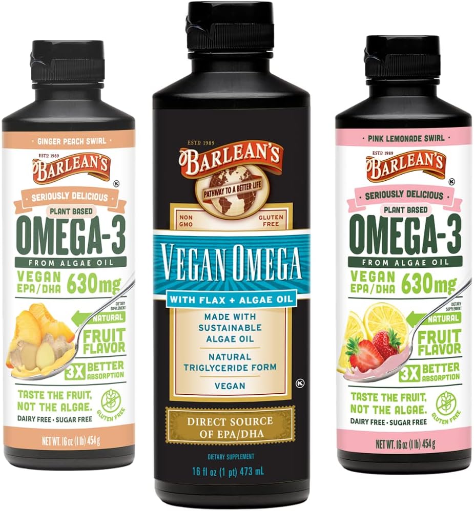 Barlean Vegan Omega 3 Algae supliment lichid Bundle, include semințe de in și ulei de alge Blend, ghimbir piersic, și aroma de limonadă roz, EPA și DHA acizi grași