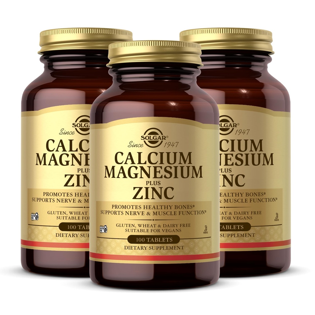 Solgar Calciu Magneziu Plus Zinc, 100 comprimate (Pachetul de 3) - Promovează oase sănătoase și dinți - Suportă funcția nervoasă și musculară - non-GMO, Vegan, gluten gratuit, lactate gratuit, Kosher - 100 Serviri totale
