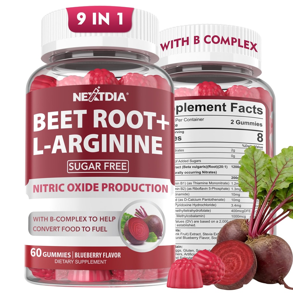 Sfeclă de rădăcină Gumies & L-Arginină, Suplimente de oxid de azot pentru bărbați și femei w/Beets organice, B1, B2, B3, B5, B6, Folate, B12 pentru suport de stimulare și de circulație a energiei, fără zahăr, 120 Cts