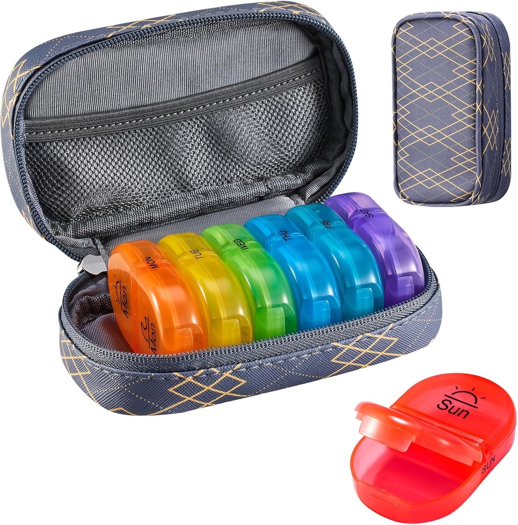 Serfeymi Weekly Travel Pill Organizator 2 Times A Day AM PM Upgraded Rainbow Pilula Box 7 Ziua cu Portabil Zipper PU Pilula din piele, Medicina Organizator pentru pastile, vitamine, uleiuri de pește - Liniile 01