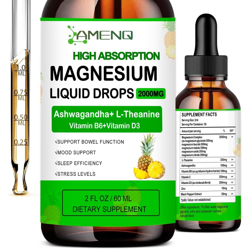 Supliment de magneziu lichid, Organic 5-in-1 picaturi Complex de magneziu Glycinate, Taurate, Thuring, Malate, Citrate w/L-Theanină, Ashwagandha pentru Cortisol, Sleep*, Stressture, Muscle,