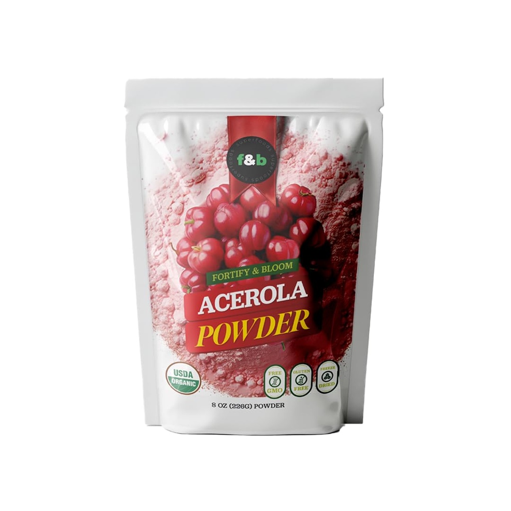 f&b superfoods Pure Organic Acerola Cherry Powder Freeze uscate (8oz), Organic Vitamina C pulbere pentru sistemul imunitar Booster, Smoothie, Cherry Juice, acerola Vitamina c Bulk Powder, Brazilia Origin.