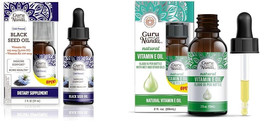 GuruNanda Black Seed Oil, Cold-Pressed Nigella Sativa - bogat în vitamina D3 5000 Unităţi, K2 & E şi vitamina E Ulei (2 Fl Oz) - 100% Pure & Naturale, 15.000 UI pe sticlă pentru piele, păr, faţă