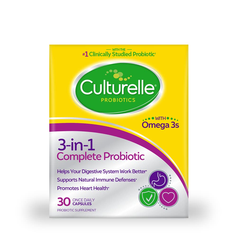 Culturelle 3-in-1 Complet Probiotic Daily Formula, O dată pe zi Probiotic Supliment, ajută sistemul dvs. Digestive de lucru mai bine, sprijină apărarea imunitară naturală, Plus Omega 3's, Non-GMO, 30 Count