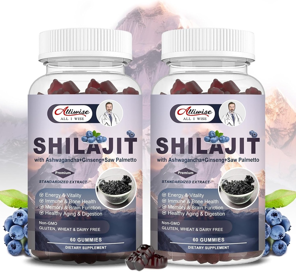 Gumiile Shilajit pentru bărbaţi şi femei, Shilajit Pure Himalayan Original Multi-Supplement, Shilajit Ashwagandha & High in Trace Minerale & Acid pelvian pentru energie, Putere & Imunitate, 60 Servire