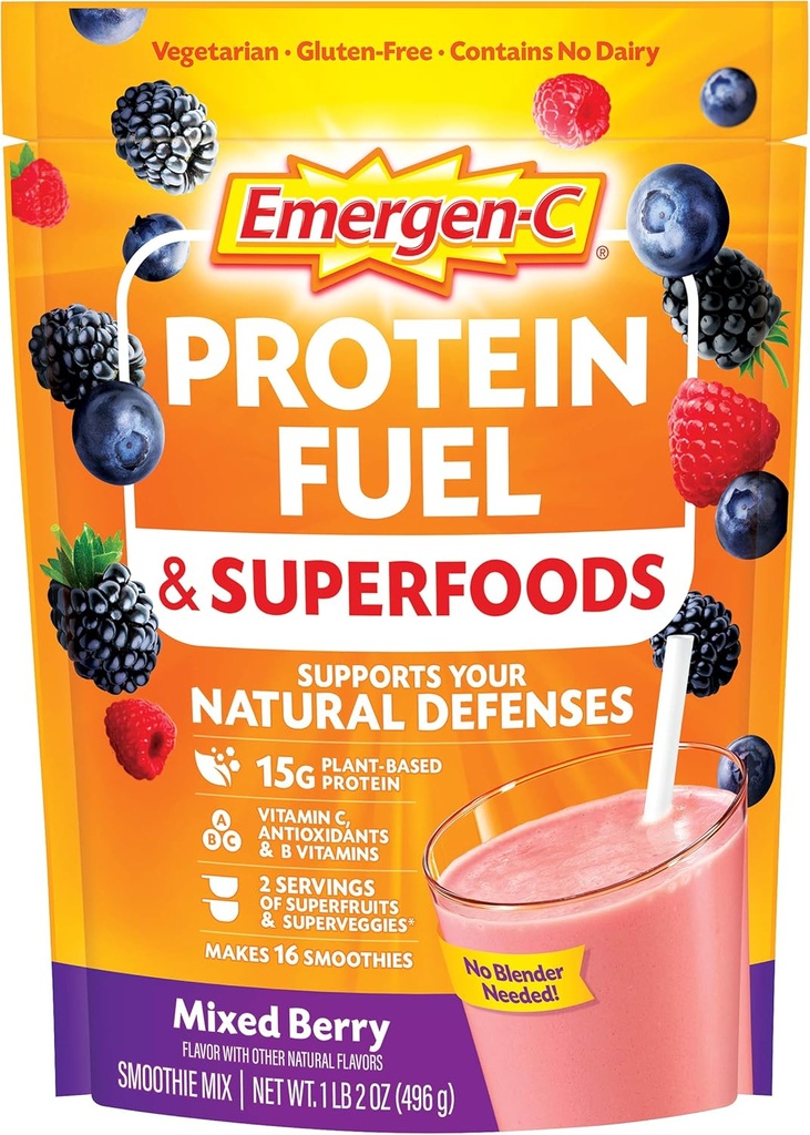 Emergen-C Pudră de proteine de combustibil și Superalimente (16 Serviri, Aromă de Berry mixt) Se amestecă cu Superalimente organice, Vitamina C și alți antioxidanți