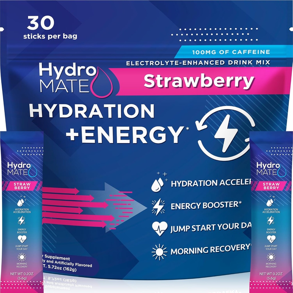 HydroMATE Electrolytes Powder Drink Mix Packets Hydration Accelerator Low Sugar Rapid Party Relief Recovery Vitamin C Plus Caffeine Strawberry 30 Count