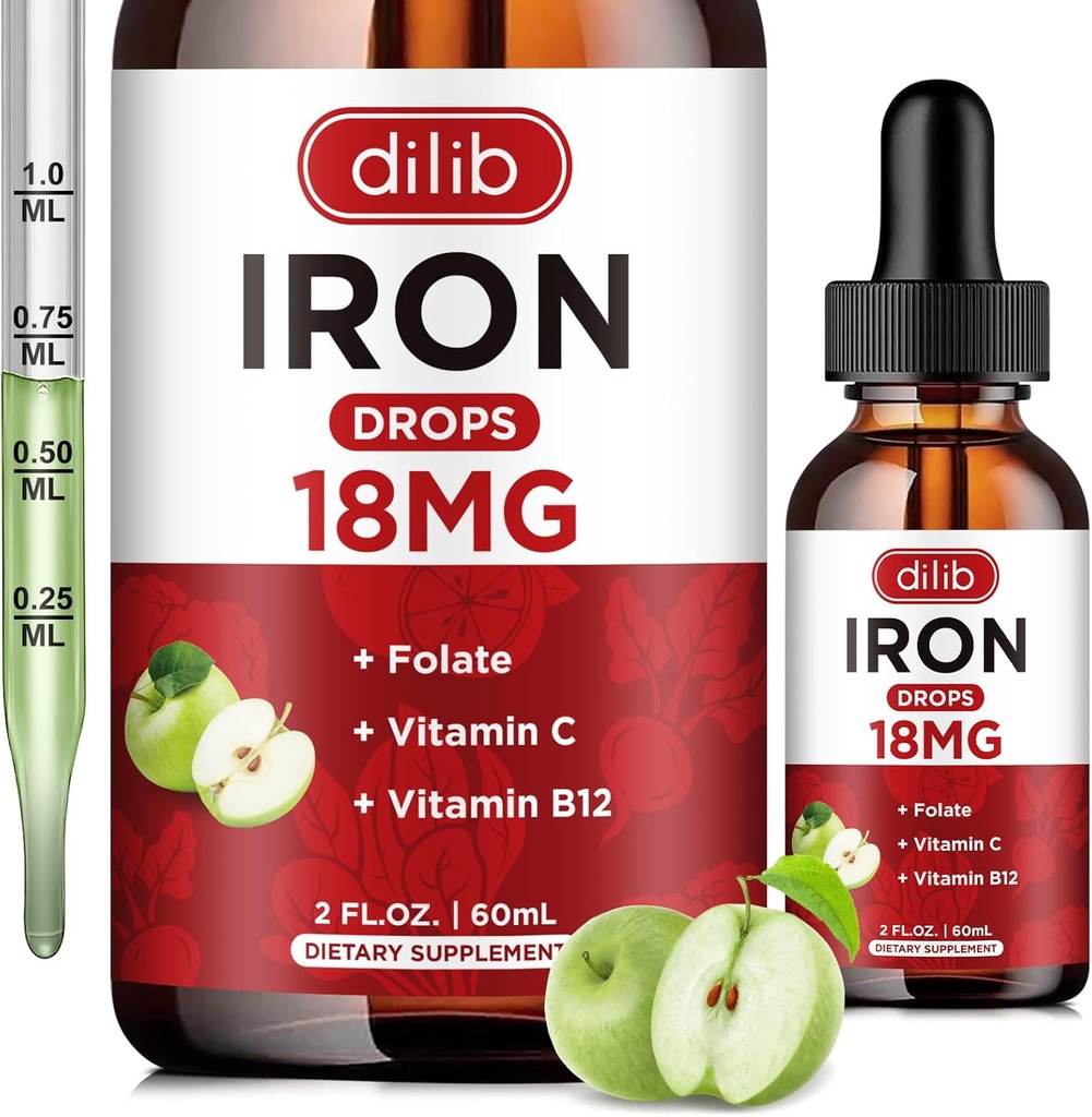 Supliment de fier lichid pentru femei si barbati picaturi de fier Suplimente de fier pentru anemie cu Folat, Vitamina C, B12 pentru suport de celule rosii-verde aroma de mere, 2 Fl Oz