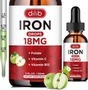 Supliment de fier lichid pentru femei si barbati picaturi de fier Suplimente de fier pentru anemie cu Folat, Vitamina C, B12 pentru suport de celule rosii-verde aroma de mere, 2 Fl Oz