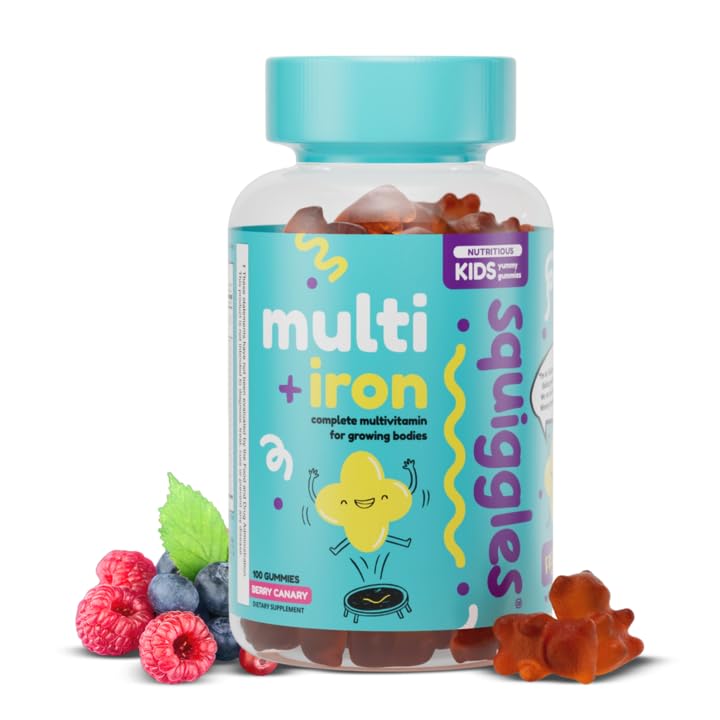 Squiggles Copii Multivitamine + Gume de fier - Vitamine joase de guma de mestecat cu suplimente de fier pentru copii - Spectrul larg de vitamine și minerale, Chewy, Yummy Berry Flavor (100 Conte)