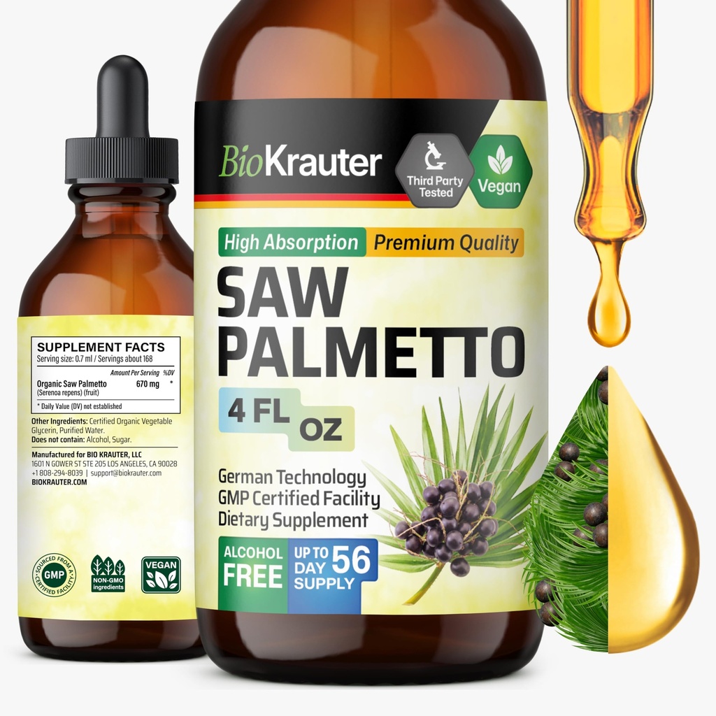 BIO KRAUTTER Saw Palmetto Extract - Vegan Saw Palmetto pentru bărbați și femei - Suport urinar - Alcool și zahăr gratuit - 4 Fl.Oz.