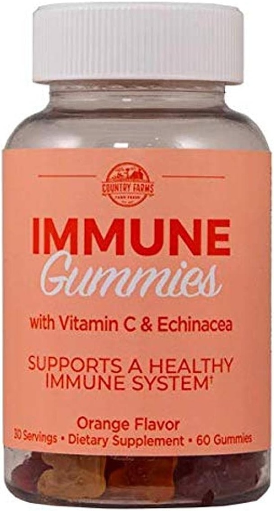 Ferme de ţară Gume imune cu vitamina C & Echinacea, susţine sistemul imunitar sănătos, bogat în antioxidanţi, aroma delicioasa portocaliu, 60 Conte, 30 Serviri